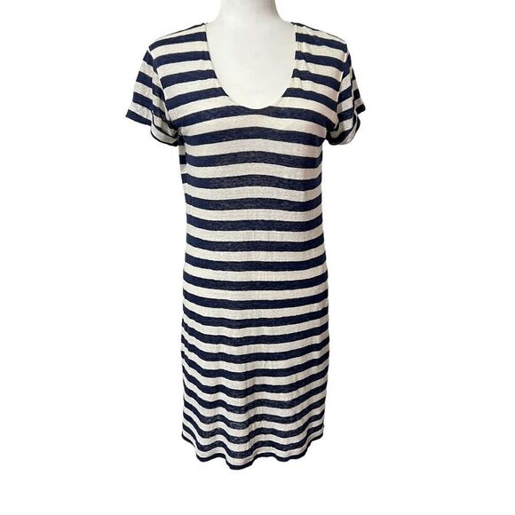 THEORY Navy & White Striped Small Nautical Karelo Soft Linen Petite Shirt Dress - Picture 4 of 16